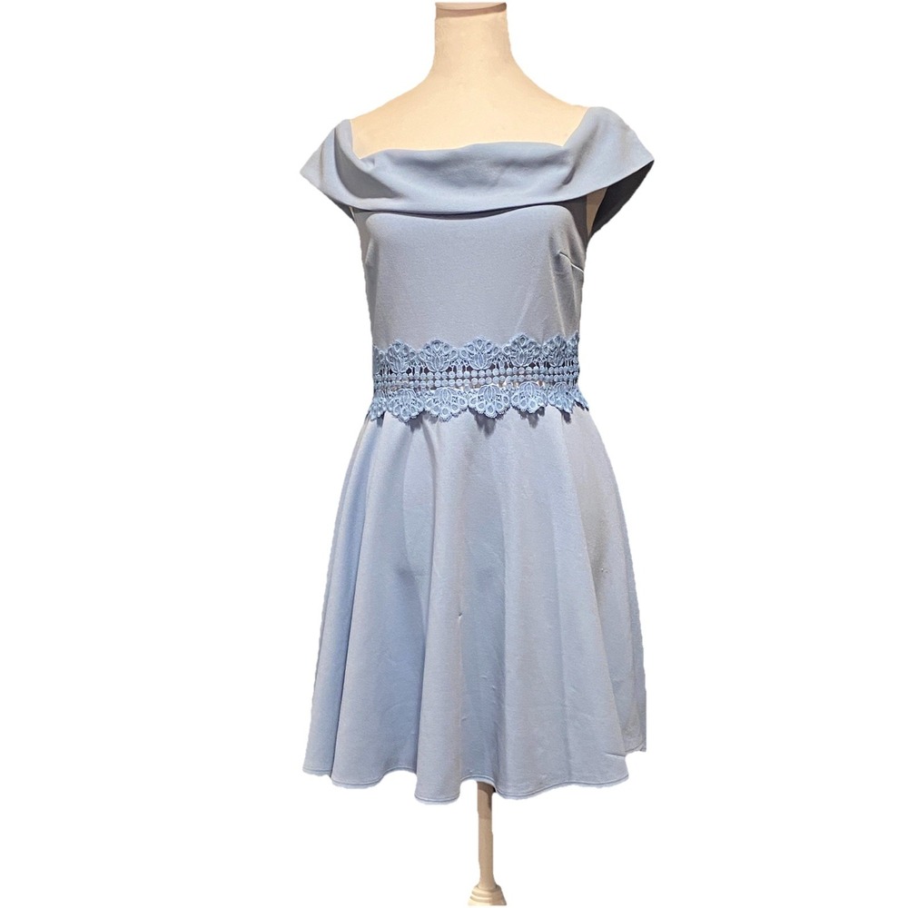 B. Darlin Sz 11/12 Flare Dress Baby‎ Blue Off Shoulder Crochet Special Occasion